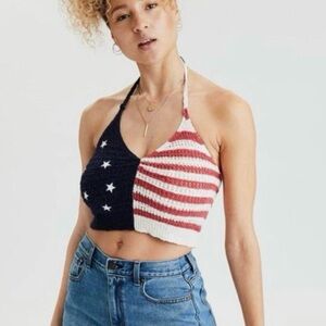 American Eagle Crochet Knit Patriotic USA Cropped Halter Knit Top Size Large